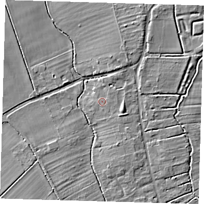 Shaded relief map of the ground around SG86LG, computed from Environment Agency LiDAR. The ground here sits at about 20 m above sea level and falls 6 m across the surrounding 800 m. Surface water reaching this point runs off ground lying to the north-east, 0.9 m higher.
