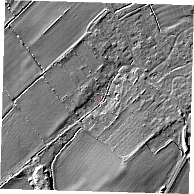 Shaded relief map of the ground around SG86LZ, computed from Environment Agency LiDAR. The ground here sits at about 20 m above sea level and falls 10 m across the surrounding 800 m. Surface water reaching this point runs off ground lying to the south-south-west, 7.7 m higher.