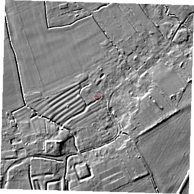 Shaded relief map of the ground around SG86NU, computed from Environment Agency LiDAR. The ground here sits at about 18 m above sea level and falls 7 m across the surrounding 800 m. Surface water reaching this point runs off ground lying to the east-south-east, 4.0 m higher.