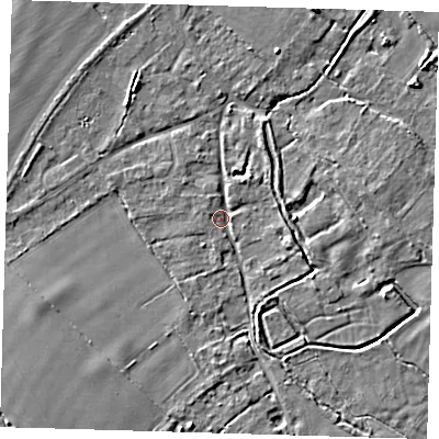 Shaded relief map of the ground around SG86PP, computed from Environment Agency LiDAR. The ground here sits at about 18 m above sea level and falls 4 m across the surrounding 800 m. Surface water reaching this point runs off ground lying to the east-south-east, 2.7 m higher.