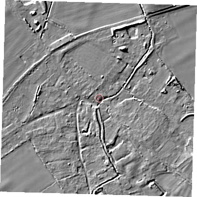 Shaded relief map of the ground around SG86QG, computed from Environment Agency LiDAR. The ground here sits at about 18 m above sea level and falls 6 m across the surrounding 800 m. Surface water reaching this point runs off ground lying to the south-south-east, 3.5 m higher.
