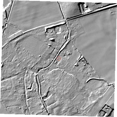 Shaded relief map of the ground around SG86QJ, computed from Environment Agency LiDAR. The ground here sits at about 17 m above sea level and falls 7 m across the surrounding 800 m. Surface water reaching this point runs off ground lying to the north-north-west, 4.8 m higher.