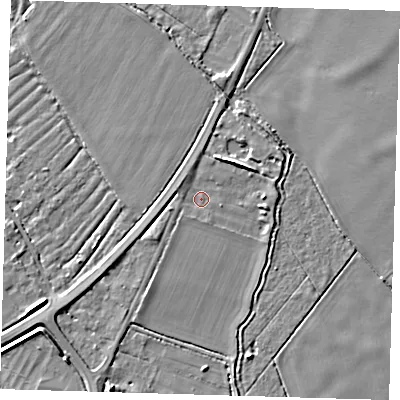 Shaded relief map of the ground around SG86RA, computed from Environment Agency LiDAR. The ground here sits at about 20 m above sea level and falls 5 m across the surrounding 800 m. Surface water reaching this point runs off ground lying to the east-north-east, 2.8 m higher.