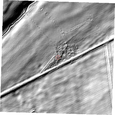 Shaded relief map of the ground around SG87PD, computed from Environment Agency LiDAR. The ground here sits at about 35 m above sea level and falls 14 m across the surrounding 800 m. The ground contributing surface water to this point lies to the south-west.
