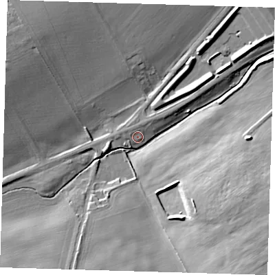 Shaded relief map of the ground around SG87PN, computed from Environment Agency LiDAR. The ground here sits at about 39 m above sea level and falls 17 m across the surrounding 800 m. Surface water reaching this point runs off ground lying to the north-west, 1.9 m higher.