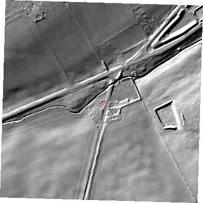 Shaded relief map of the ground around SG87PU, computed from Environment Agency LiDAR. The ground here sits at about 38 m above sea level and falls 14 m across the surrounding 800 m. Surface water reaching this point runs off ground lying to the south-south-east, 8.3 m higher.