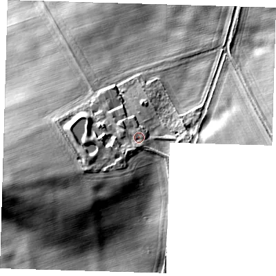 Shaded relief map of the ground around SG87PZ, computed from Environment Agency LiDAR. The ground here sits at about 54 m above sea level and falls 16 m across the surrounding 800 m. Surface water reaching this point runs off ground lying to the west-south-west, 2.3 m higher.
