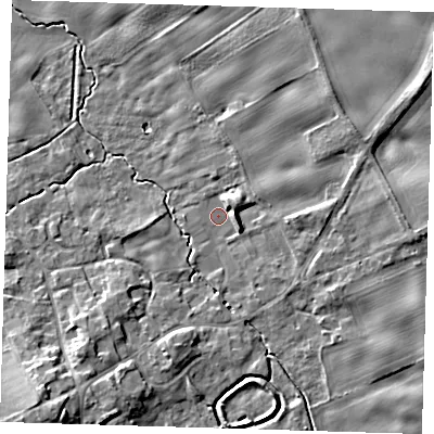 Shaded relief map of the ground around SG87QS, computed from Environment Agency LiDAR. The ground here sits at about 23 m above sea level and falls 9 m across the surrounding 800 m. Surface water reaching this point runs off ground lying to the north-east, 4.3 m higher.