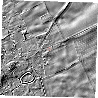 Shaded relief map of the ground around SG87QT, computed from Environment Agency LiDAR. The ground here sits at about 25 m above sea level and falls 7 m across the surrounding 800 m. Surface water reaching this point runs off ground lying to the east-north-east, 3.1 m higher.