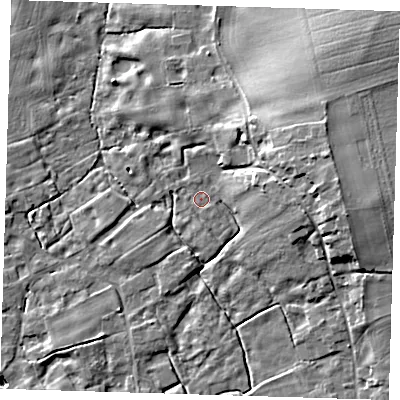 Shaded relief map of the ground around SG87RF, computed from Environment Agency LiDAR. The ground here sits at about 23 m above sea level and falls 15 m across the surrounding 800 m. Surface water reaching this point runs off ground lying to the east-north-east, 2.1 m higher.