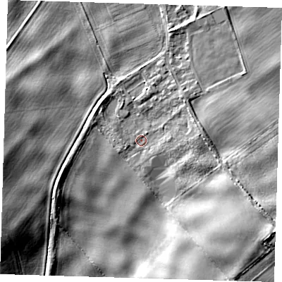 Shaded relief map of the ground around SG87RY, computed from Environment Agency LiDAR. The ground here sits at about 26 m above sea level and falls 12 m across the surrounding 800 m. Surface water reaching this point runs off ground lying to the south-south-east, 7.0 m higher.