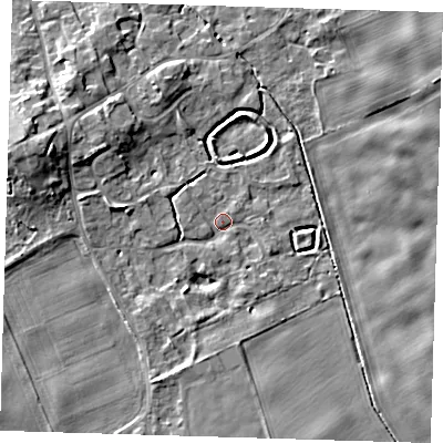 Shaded relief map of the ground around SG87SB, computed from Environment Agency LiDAR. The ground here sits at about 24 m above sea level and falls 8 m across the surrounding 800 m. Surface water reaching this point runs off ground lying to the west-north-west, 7.4 m higher.