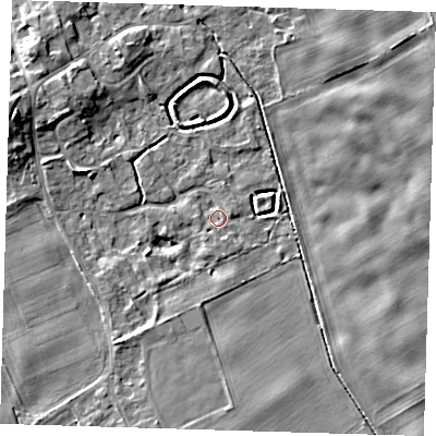 Shaded relief map of the ground around SG87SD, computed from Environment Agency LiDAR. The ground here sits at about 24 m above sea level and falls 7 m across the surrounding 800 m. Surface water reaching this point runs off ground lying to the south, 1.7 m higher.