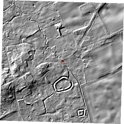 Shaded relief map of the ground around SG87ST, computed from Environment Agency LiDAR. The ground here sits at about 23 m above sea level and falls 9 m across the surrounding 800 m. Surface water reaching this point runs off ground lying to the south-west, 5.6 m higher.