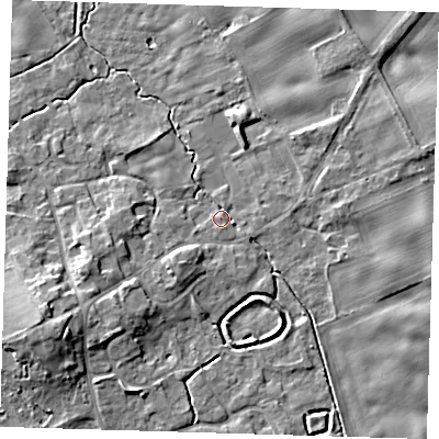 Shaded relief map of the ground around SG87SU, computed from Environment Agency LiDAR. The ground here sits at about 23 m above sea level and falls 9 m across the surrounding 800 m. Surface water reaching this point runs off ground lying to the south-west, 5.6 m higher.