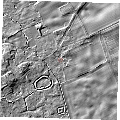 Shaded relief map of the ground around SG87SX, computed from Environment Agency LiDAR. The ground here sits at about 23 m above sea level and falls 7 m across the surrounding 800 m. Surface water reaching this point runs off ground lying to the west-south-west, 5.6 m higher.