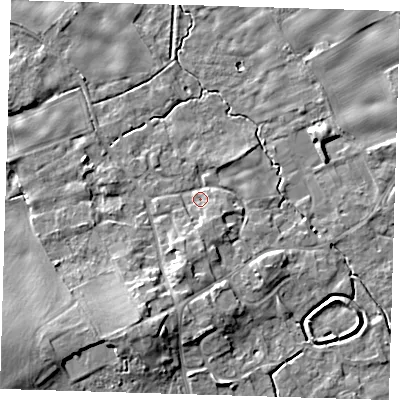 Shaded relief map of the ground around SG87TJ, computed from Environment Agency LiDAR. The ground here sits at about 24 m above sea level and falls 9 m across the surrounding 800 m. Surface water reaching this point runs off ground lying to the south-south-east, 2.6 m higher.