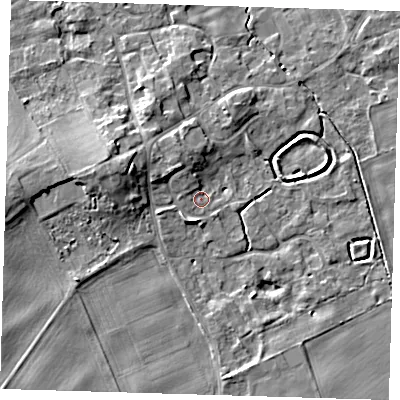 Shaded relief map of the ground around SG87TP, computed from Environment Agency LiDAR. The ground here sits at about 24 m above sea level and falls 8 m across the surrounding 800 m. Surface water reaching this point runs off ground lying to the north-west, 5.0 m higher.