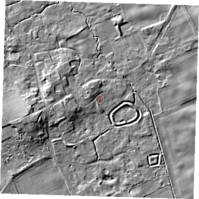 Shaded relief map of the ground around SG87TU, computed from Environment Agency LiDAR. The ground here sits at about 24 m above sea level and falls 8 m across the surrounding 800 m. Surface water reaching this point runs off ground lying to the west-south-west, 2.8 m higher.