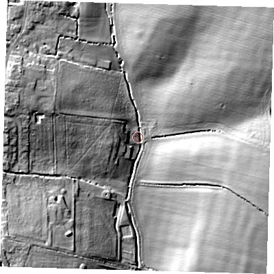 Shaded relief map of the ground around SG88EQ, computed from Environment Agency LiDAR. The ground here sits at about 118 m above sea level and falls 22 m across the surrounding 800 m. Surface water reaching this point runs off ground lying to the north-east, 19.0 m higher.
