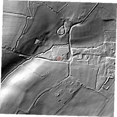 Shaded relief map of the ground around SG88NA, computed from Environment Agency LiDAR. The ground here sits at about 133 m above sea level and falls 16 m across the surrounding 800 m. Surface water reaching this point runs off ground lying to the south-south-east, 2.8 m higher.