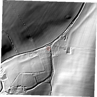 Shaded relief map of the ground around SG88RE, computed from Environment Agency LiDAR. The ground here sits at about 107 m above sea level and falls 27 m across the surrounding 800 m. Surface water reaching this point runs off ground lying to the north-west, 19.9 m higher.