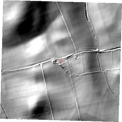 Shaded relief map of the ground around SG88SD, computed from Environment Agency LiDAR. The ground here sits at about 100 m above sea level and falls 39 m across the surrounding 800 m. Surface water reaching this point runs off ground lying to the south-east, 6.6 m higher.
