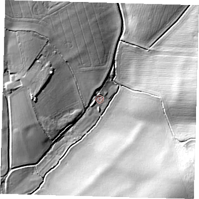 Shaded relief map of the ground around SG89RG, computed from Environment Agency LiDAR. The ground here sits at about 128 m above sea level and falls 24 m across the surrounding 800 m. Surface water reaching this point runs off ground lying to the north, 4.2 m higher.