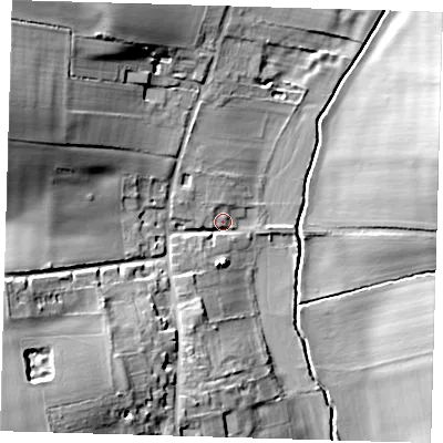 Shaded relief map of the ground around SG90AE, computed from Environment Agency LiDAR. The ground here sits at about 89 m above sea level and falls 34 m across the surrounding 800 m. Surface water reaching this point runs off ground lying to the south-west, 30.8 m higher.