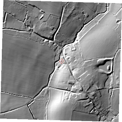Shaded relief map of the ground around SG90AN, computed from Environment Agency LiDAR. The ground here sits at about 114 m above sea level and falls 19 m across the surrounding 800 m. Surface water reaching this point runs off ground lying to the north, 14.9 m higher.