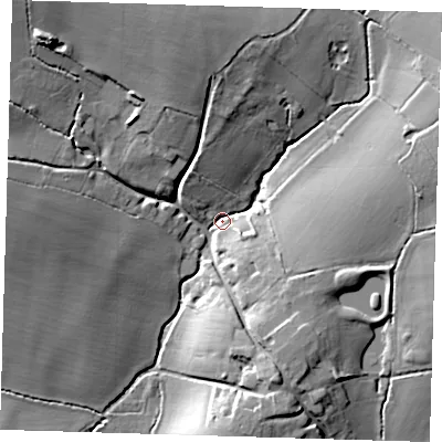 Shaded relief map of the ground around SG90AP, computed from Environment Agency LiDAR. The ground here sits at about 113 m above sea level and falls 21 m across the surrounding 800 m. Surface water reaching this point runs off ground lying to the north-west, 17.9 m higher.