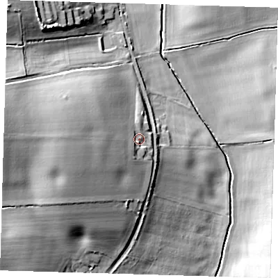 Shaded relief map of the ground around SG90DX, computed from Environment Agency LiDAR. The ground here sits at about 99 m above sea level and falls 23 m across the surrounding 800 m. Surface water reaching this point runs off ground lying to the west, 10.2 m higher.