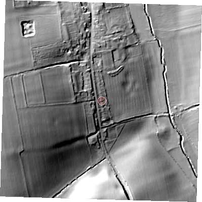 Shaded relief map of the ground around SG90EE, computed from Environment Agency LiDAR. The ground here sits at about 98 m above sea level and falls 38 m across the surrounding 800 m. Surface water reaching this point runs off ground lying to the west, 24.0 m higher.