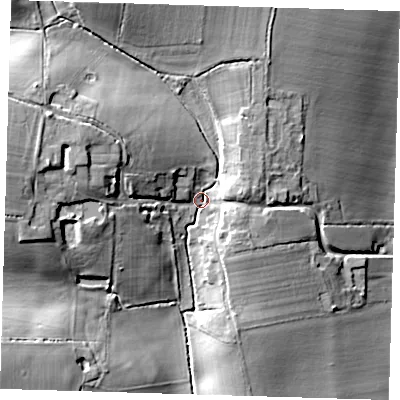 Shaded relief map of the ground around SG90LD, computed from Environment Agency LiDAR. The ground here sits at about 100 m above sea level and falls 25 m across the surrounding 800 m. Surface water reaching this point runs off ground lying to the west-north-west, 16.3 m higher.