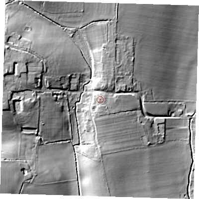 Shaded relief map of the ground around SG90LH, computed from Environment Agency LiDAR. The ground here sits at about 104 m above sea level and falls 27 m across the surrounding 800 m. Surface water reaching this point runs off ground lying to the south, 1.2 m higher.