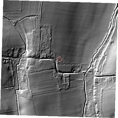 Shaded relief map of the ground around SG90LJ, computed from Environment Agency LiDAR. The ground here sits at about 99 m above sea level and falls 21 m across the surrounding 800 m. Surface water reaching this point runs off ground lying to the west-north-west, 3.7 m higher.