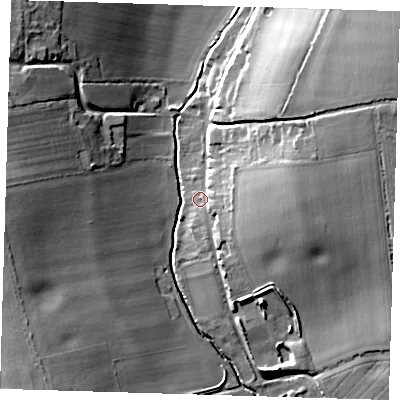 Shaded relief map of the ground around SG90LL, computed from Environment Agency LiDAR. The ground here sits at about 92 m above sea level and falls 22 m across the surrounding 800 m. Surface water reaching this point runs off ground lying to the east, 6.3 m higher.