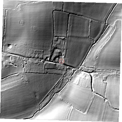 Shaded relief map of the ground around SG90LT, computed from Environment Agency LiDAR. The ground here sits at about 101 m above sea level and falls 24 m across the surrounding 800 m. Surface water reaching this point runs off ground lying to the north, 16.9 m higher.