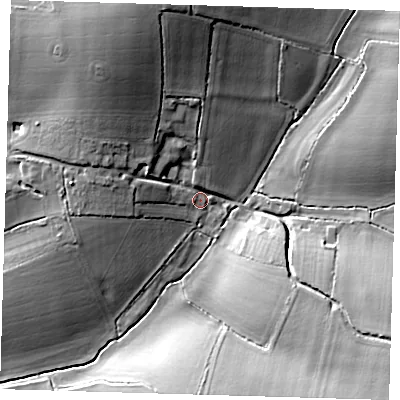 Shaded relief map of the ground around SG90LZ, computed from Environment Agency LiDAR. The ground here sits at about 100 m above sea level and falls 24 m across the surrounding 800 m. Surface water reaching this point runs off ground lying to the north-north-west, 17.1 m higher.