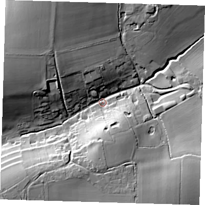 Shaded relief map of the ground around SG90NT, computed from Environment Agency LiDAR. The ground here sits at about 100 m above sea level and falls 24 m across the surrounding 800 m. Surface water reaching this point runs off ground lying to the south-east, 21.4 m higher.