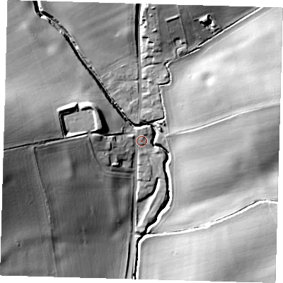 Shaded relief map of the ground around SG90PG, computed from Environment Agency LiDAR. The ground here sits at about 101 m above sea level and falls 25 m across the surrounding 800 m. Surface water reaching this point runs off ground lying to the west, 4.3 m higher.