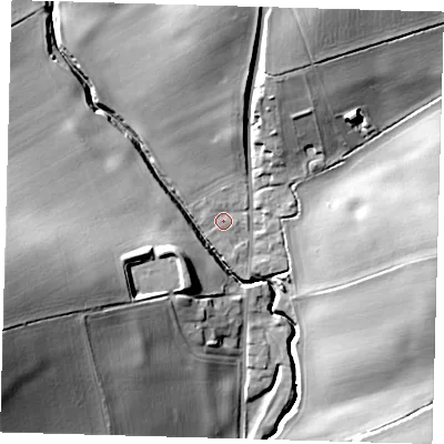 Shaded relief map of the ground around SG90PJ, computed from Environment Agency LiDAR. The ground here sits at about 102 m above sea level and falls 28 m across the surrounding 800 m. Surface water reaching this point runs off ground lying to the north, 15.3 m higher.
