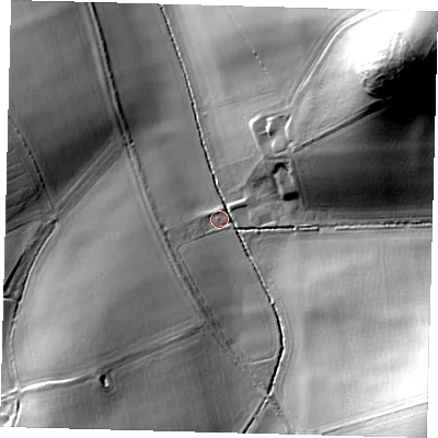 Shaded relief map of the ground around SG90QH, computed from Environment Agency LiDAR. The ground here sits at about 96 m above sea level and falls 39 m across the surrounding 800 m. Surface water reaching this point runs off ground lying to the south-east, 30.6 m higher.