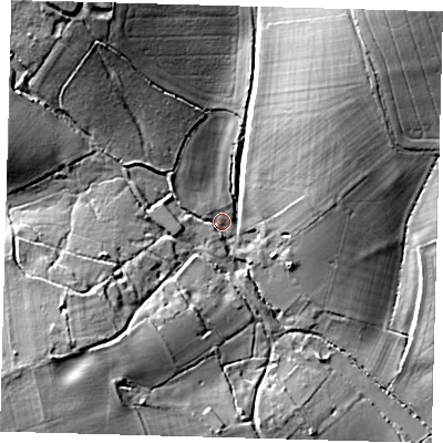 Shaded relief map of the ground around SG90RG, computed from Environment Agency LiDAR. The ground here sits at about 128 m above sea level and falls 27 m across the surrounding 800 m. Surface water reaching this point runs off ground lying to the north-west, 22.8 m higher.