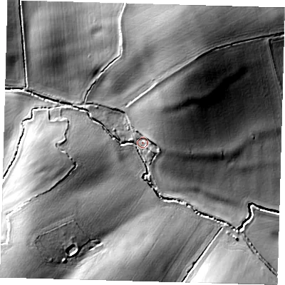 Shaded relief map of the ground around SG90RX, computed from Environment Agency LiDAR. The ground here sits at about 103 m above sea level and falls 30 m across the surrounding 800 m. Surface water reaching this point runs off ground lying to the north-north-east, 25.6 m higher.