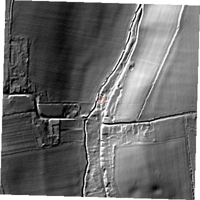 Shaded relief map of the ground around SG90TS, computed from Environment Agency LiDAR. The ground here sits at about 90 m above sea level and falls 21 m across the surrounding 800 m. Surface water reaching this point runs off ground lying to the east, 14.6 m higher.