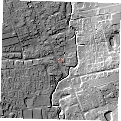 Shaded relief map of the ground around SG99AG, computed from Environment Agency LiDAR. The ground here sits at about 91 m above sea level and falls 23 m across the surrounding 800 m. Surface water reaching this point runs off ground lying to the north-west, 15.3 m higher.