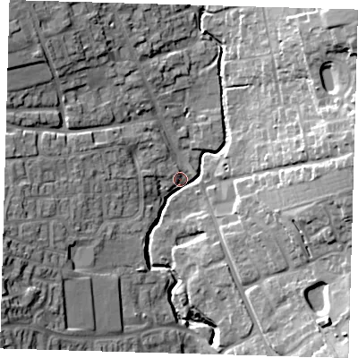 Shaded relief map of the ground around SG99AL, computed from Environment Agency LiDAR. The ground here sits at about 90 m above sea level and falls 24 m across the surrounding 800 m. Surface water reaching this point runs off ground lying to the north-east, 21.0 m higher.