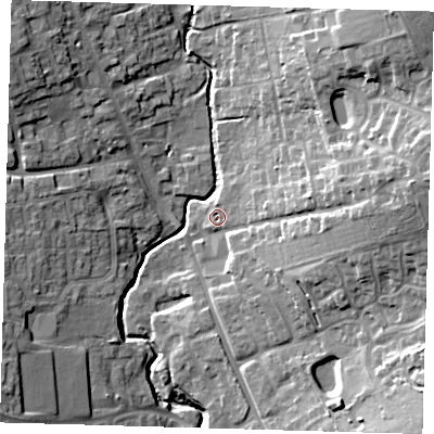 Shaded relief map of the ground around SG99AP, computed from Environment Agency LiDAR. The ground here sits at about 91 m above sea level and falls 28 m across the surrounding 800 m. Surface water reaching this point runs off ground lying to the east, 2.5 m higher.