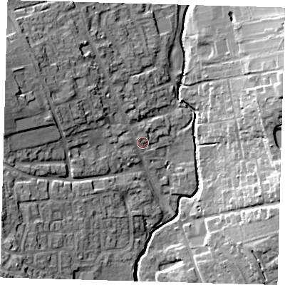Shaded relief map of the ground around SG99AQ, computed from Environment Agency LiDAR. The ground here sits at about 93 m above sea level and falls 21 m across the surrounding 800 m. Surface water reaching this point runs off ground lying to the west-north-west, 11.9 m higher.